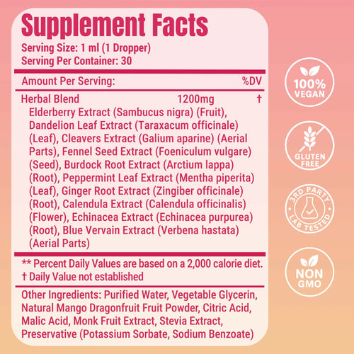 LeeFar Cutting Drops – Lymphatic-Focused Debloat Formula with Dandelion, Cleavers, Burdock & Elderberry for Lymphatic Drainage, Bloat Relief, Digestive Comfort and Detox – Mango Dragonfruit Flavor, 30 Servings